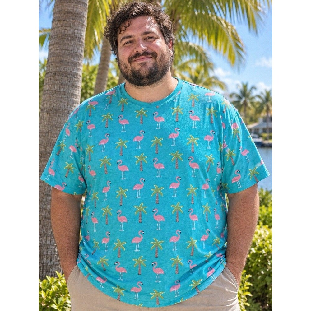 Free Planet Flamingo Palm Tree Tropical T-Shirt Unisex 4X Tee Turquoise Cotton